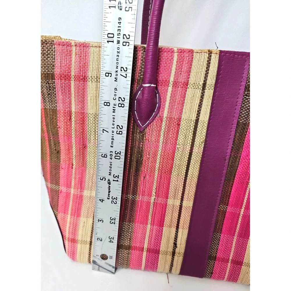 Handmade Woven Raffia Tote Bag Purple Faux Leather Straps Striped Boho Summer